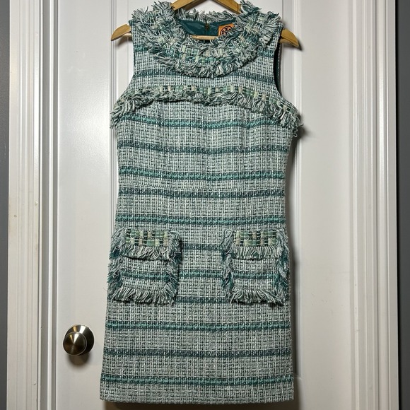 Tory Burch Bouclé Tweed Sleeveless Green and Cream Stripe Fringe Mini Dress - Picture 1 of 2